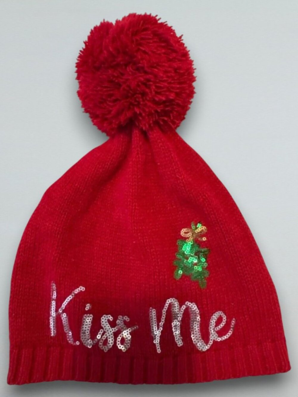 Red Kiss Me Sequin Pom Pom Beanie Christmas Tree Holiday Winter Hat
